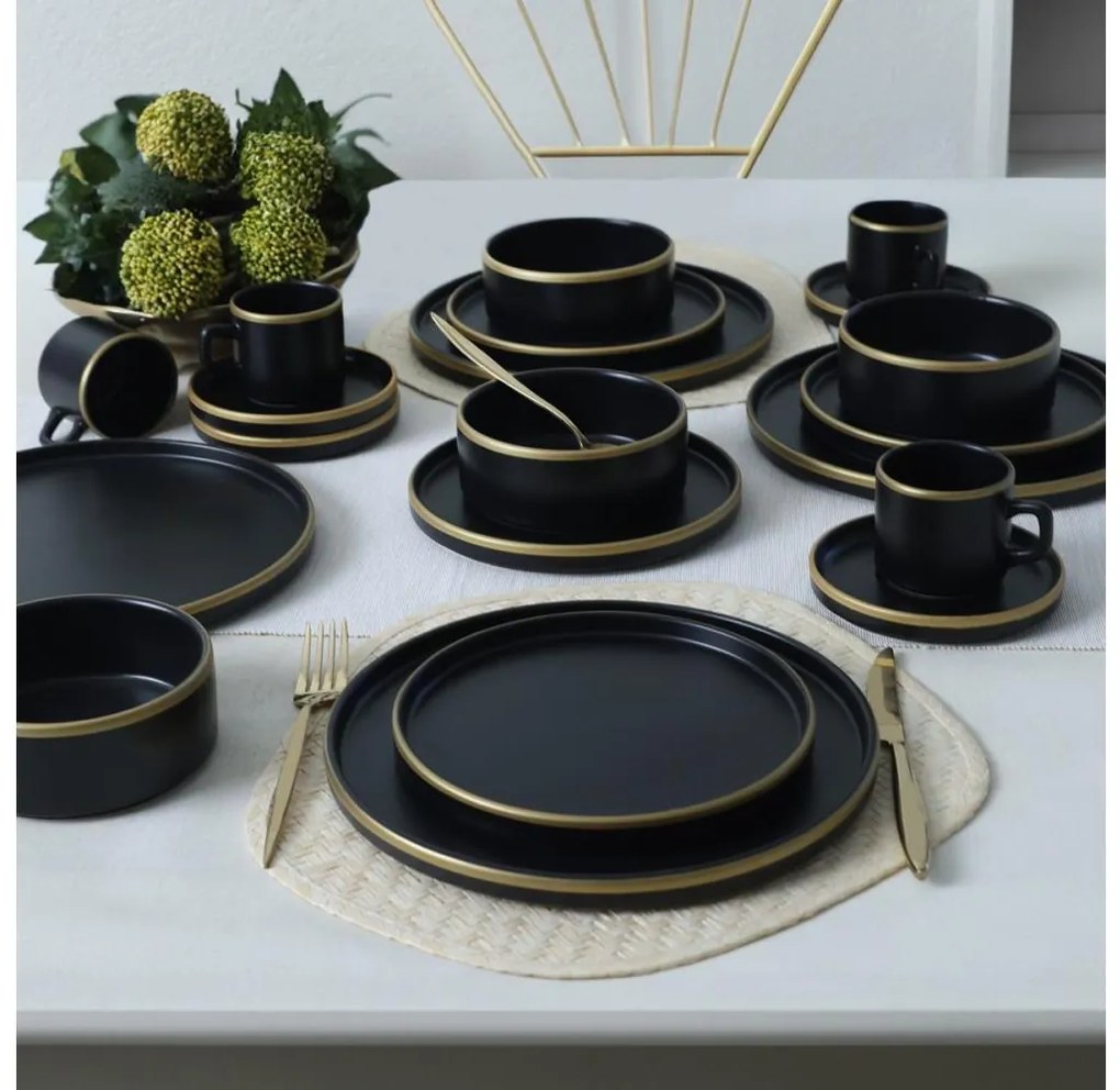 Set de veselă 20 piese — negru/auriu, din ceramică stoneware