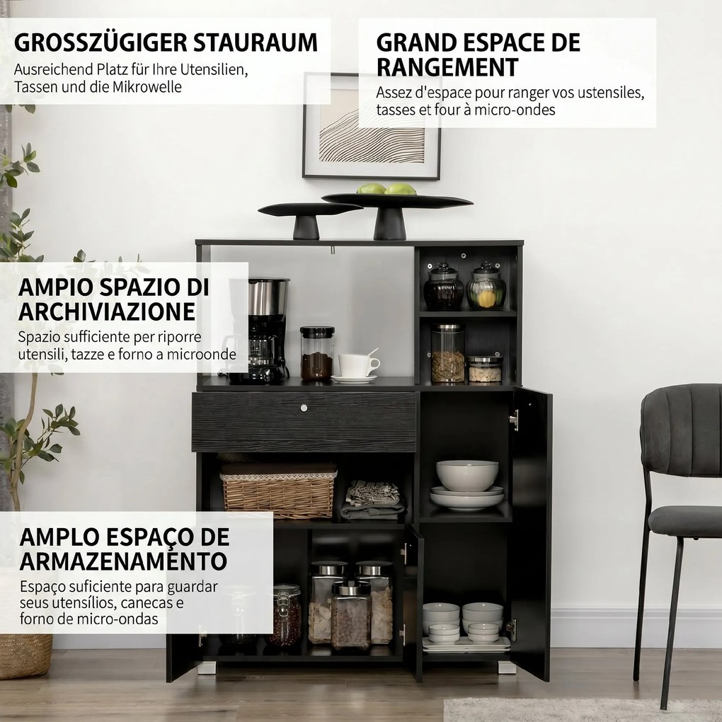 HOMCOM Bufet de Bucătărie pentru Cuptor cu Microunde, Mobilier cu Dulapuri, Rafturi și Sertar, 90x40x120 cm, Negru | Aosom Romania