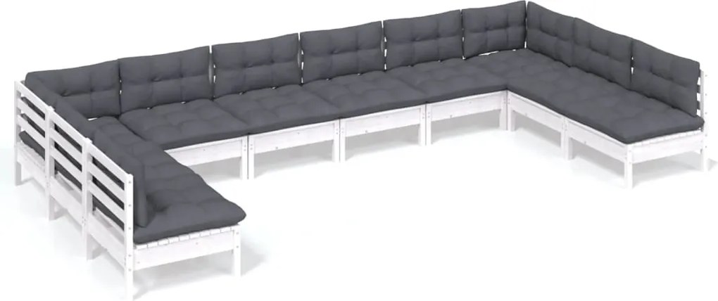 vidaXL Set mobilier de grădină cu perne, 10 piese, alb lemn masiv pin