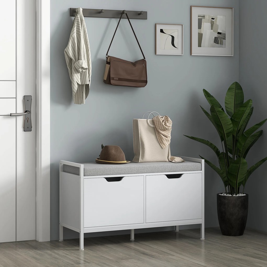 HOMCOM Banchetă Dulap pentru Pantofi cu 2 Compartimente și Pernă, Dulap Pantofi pentru Hol, 84x35x50 cm, Alb | Aosom Romania