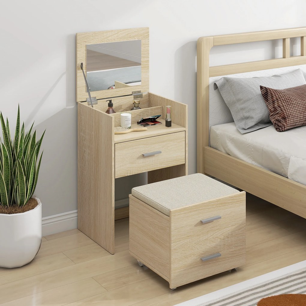 HOMCOM Masă de Toaletă cu Oglindă Rabatabilă, Natural | Aosom Romania