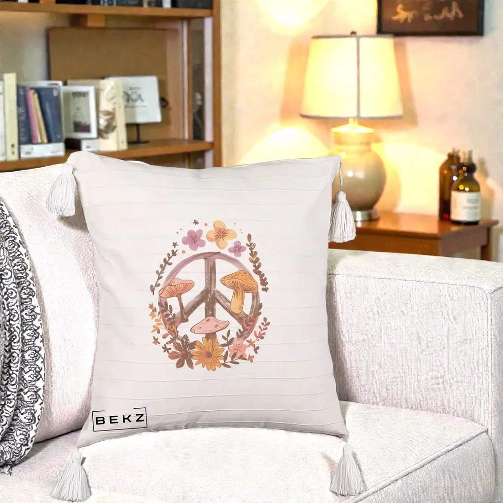 Perna Decorativa Peace Sign Ciuperci Floral, 40x40 cm, Bej cu Franjuri, Husa Detasabila, Perna Inclusa, BEKZ®