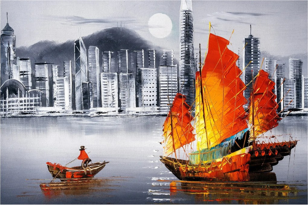Tablou - Victoria Harbour, Hong Kong, pictură în ulei alb- negru (90x60 cm)