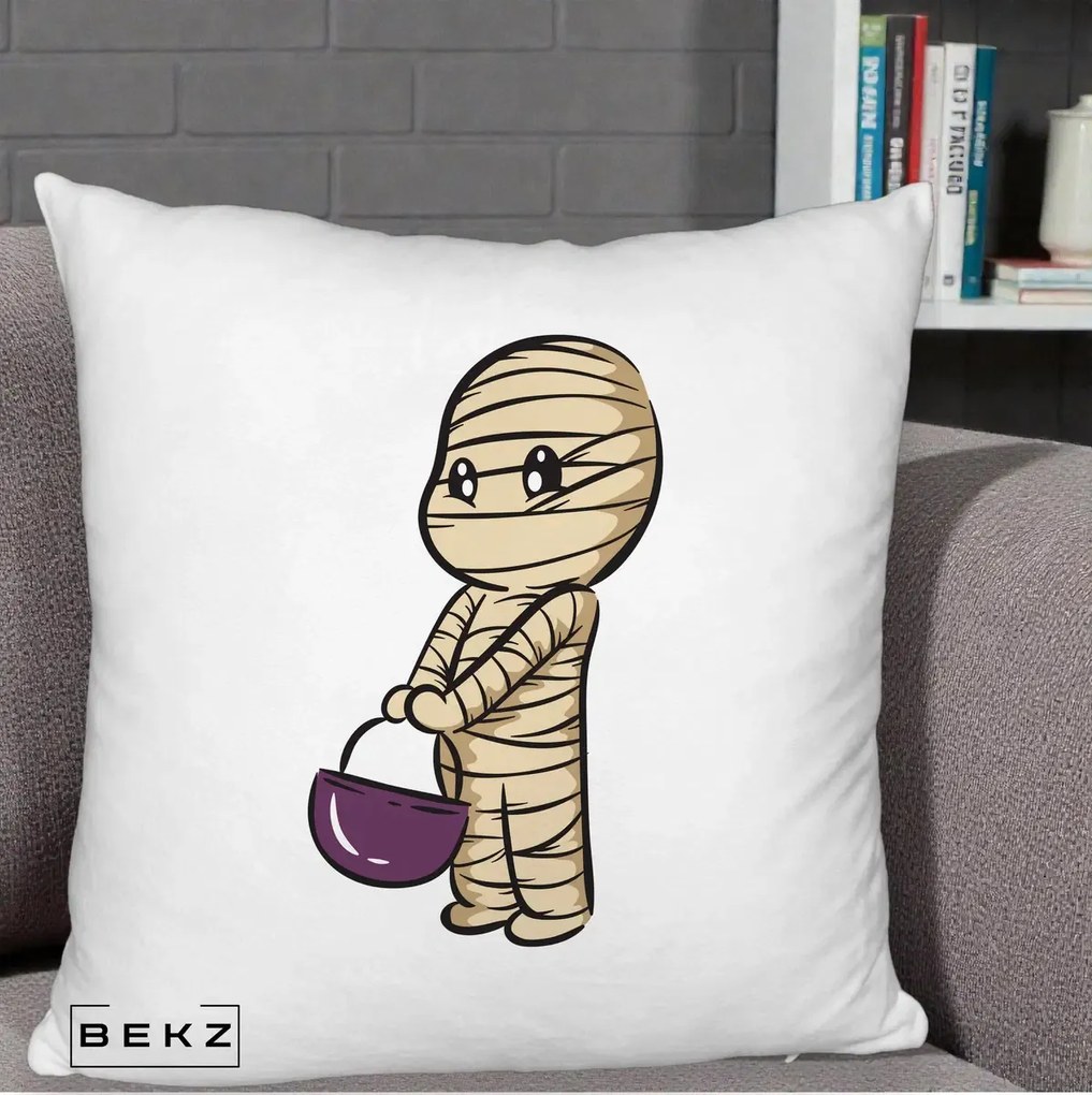 Perna Decorativa Halloween Mummy Kawaii cu Cos, 40x40 cm, Alb Pufos, Husa Detasabila, Perna Inclusa, BEKZ®