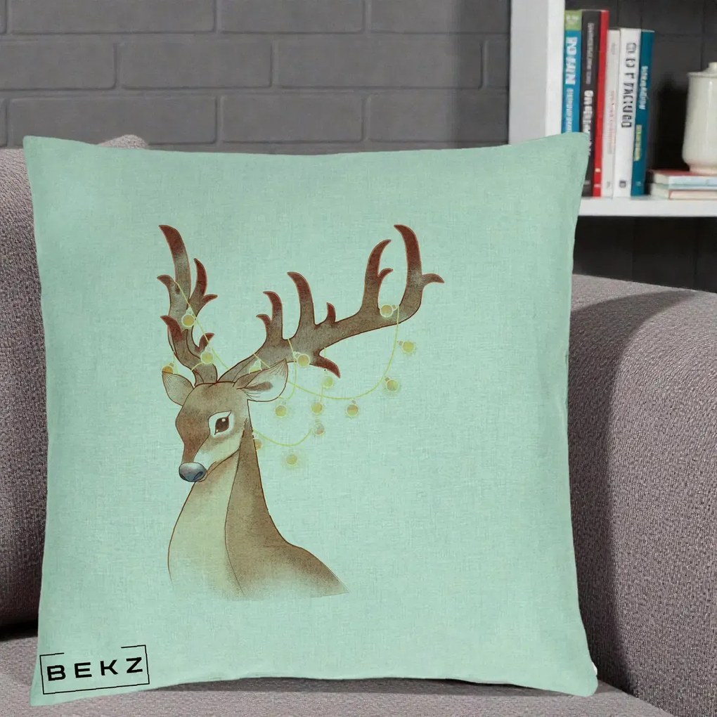 Perna Decorativa Ren cu Luminite de Craciun, 40x40 cm, Verde Menta, Husa Detasabila, Perna Inclusa, BEKZ®