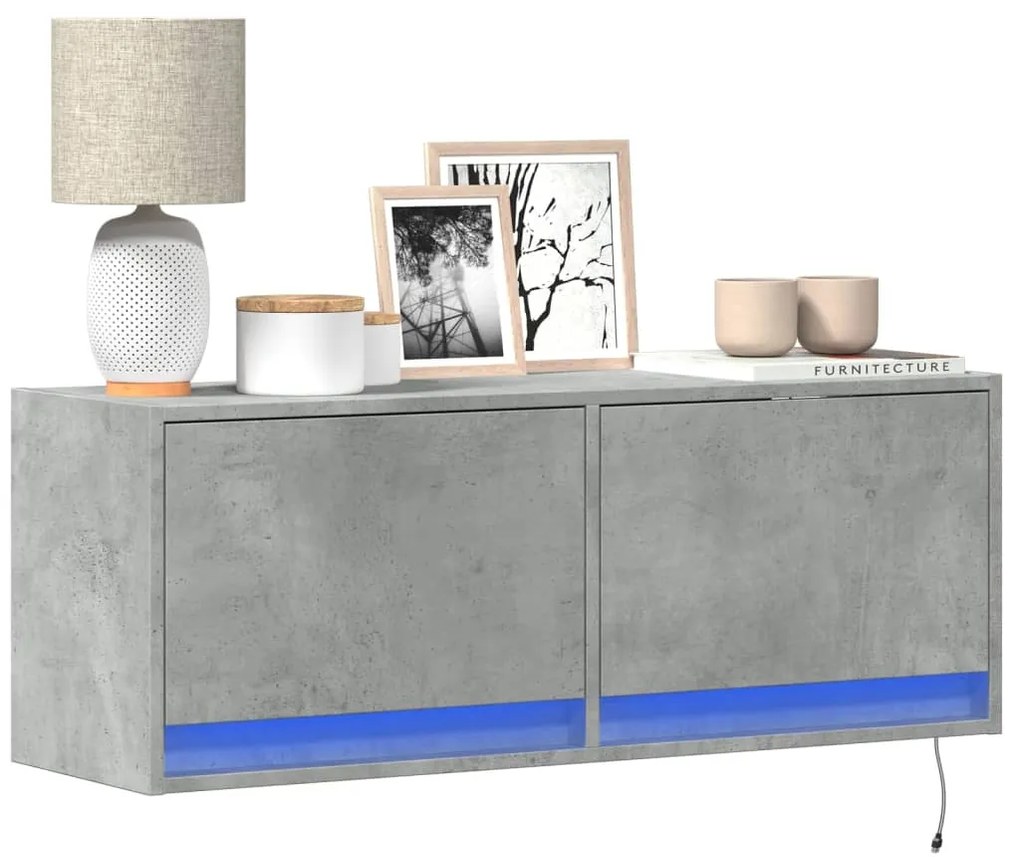 vidaXL Comodă TV de perete cu lumini LED, gri beton, 100x31x38 cm