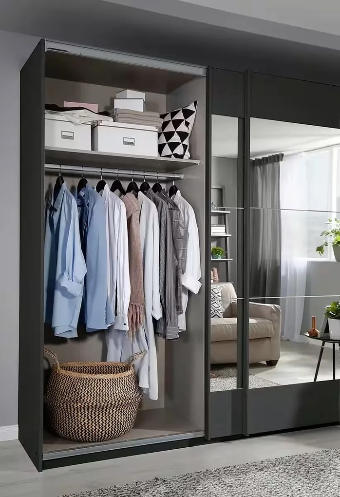 Dressing 181 cm lungime, 2 uși glisante, cu oglindă, culoare gri antracit, 210 cm înălțime