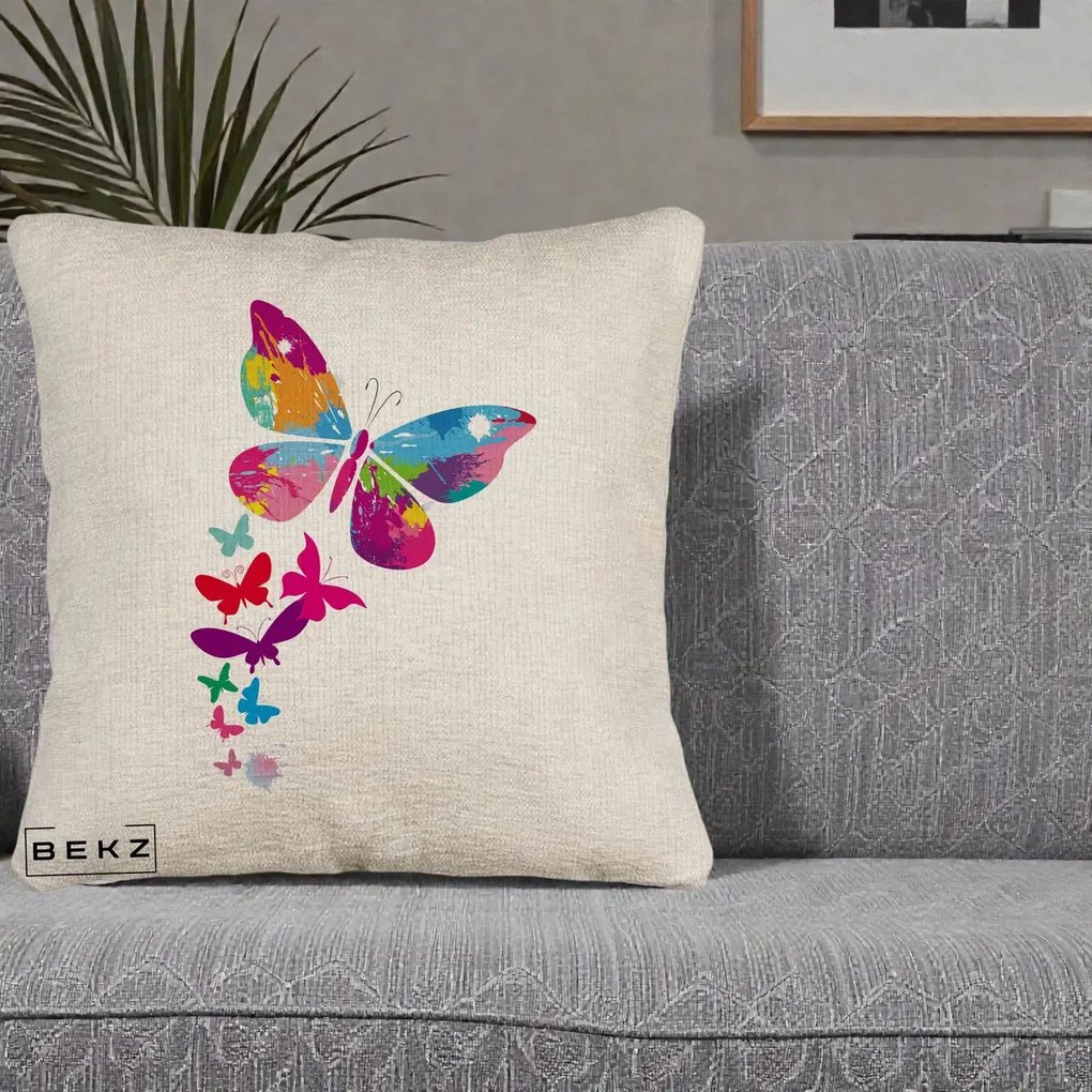 Perna Decorativa Fluturi Splash, 40x40 cm, Bej Canapea, Husa Detasabila, Perna Inclusa, BEKZ®