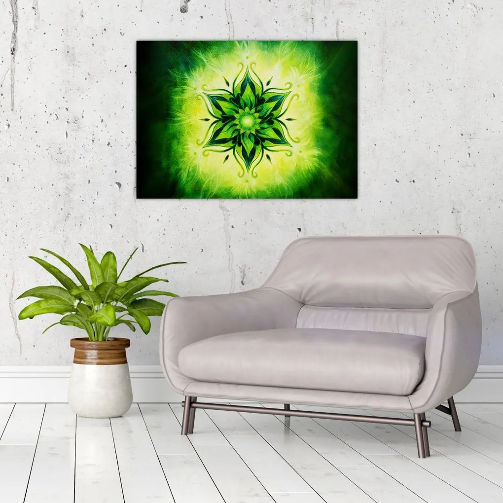 Tablou pe sticlă - Mandala de flori, fundal verde (70x50 cm)