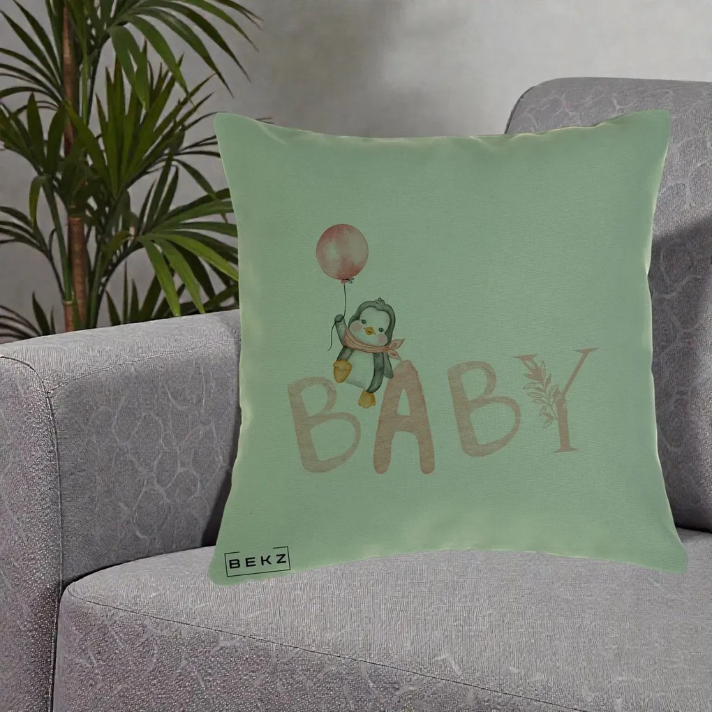 Perna Personalizata Baby Pinguin Roz, 40x40 cm, Verde, Husa Detasabila, Perna Inclusa, BEKZ®