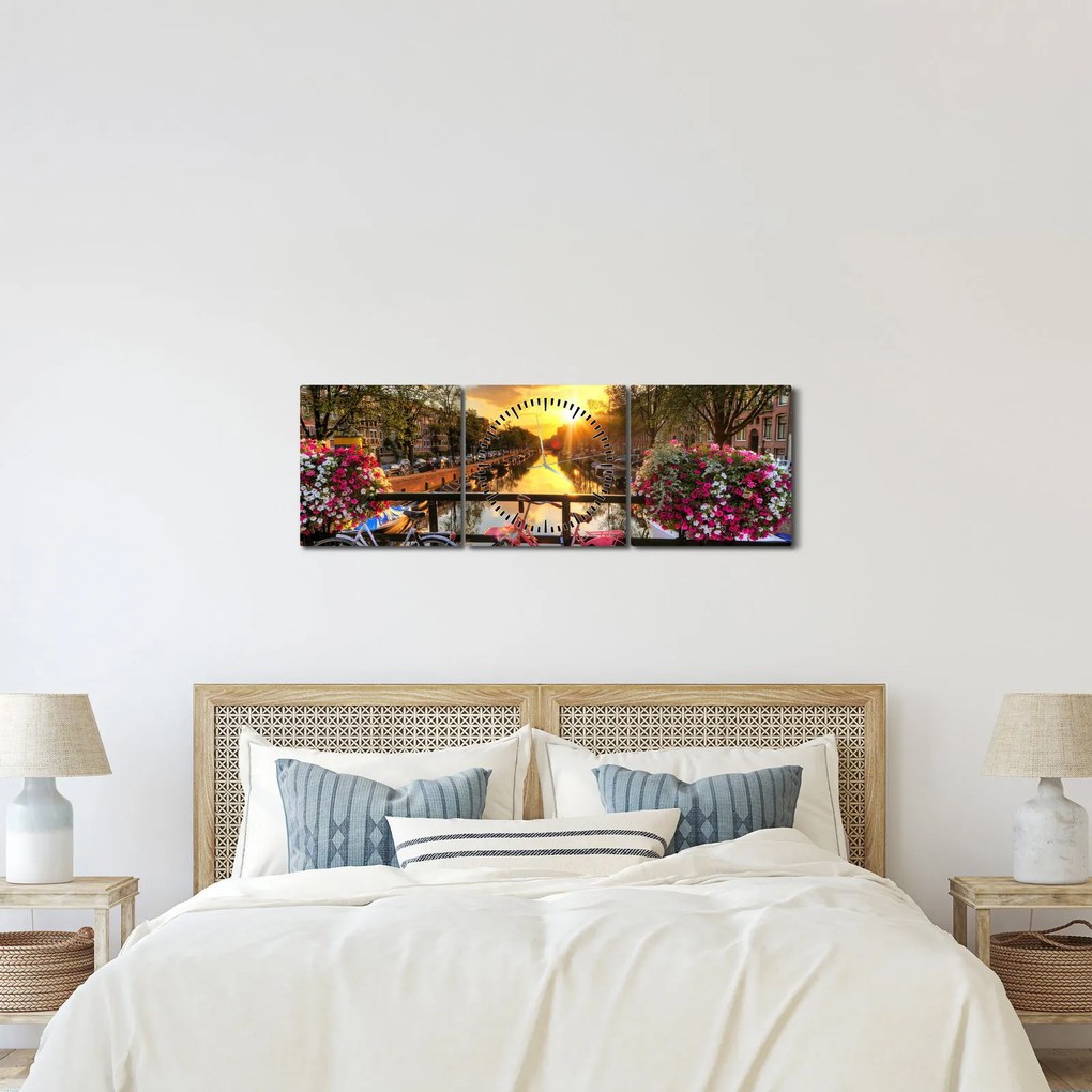 Tablou - Răsărit de soare la Amsterdam (cu ceas) (90x30 cm)