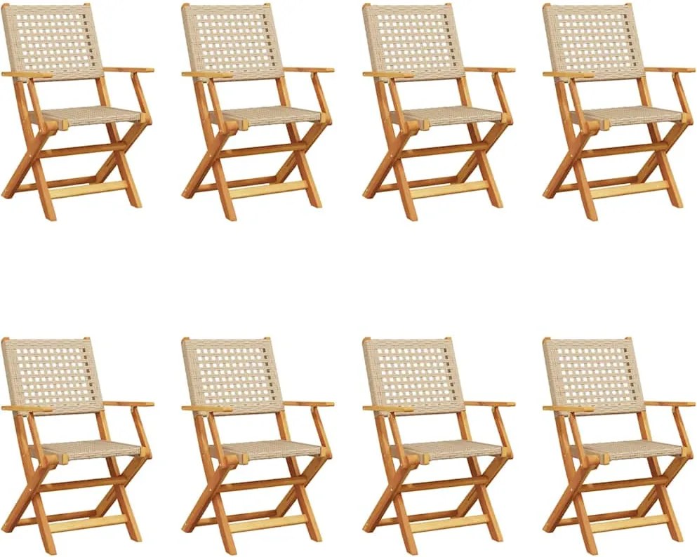 vidaXL Scaune grădină pliabile 8 buc., bej, poliratan și lemn masiv