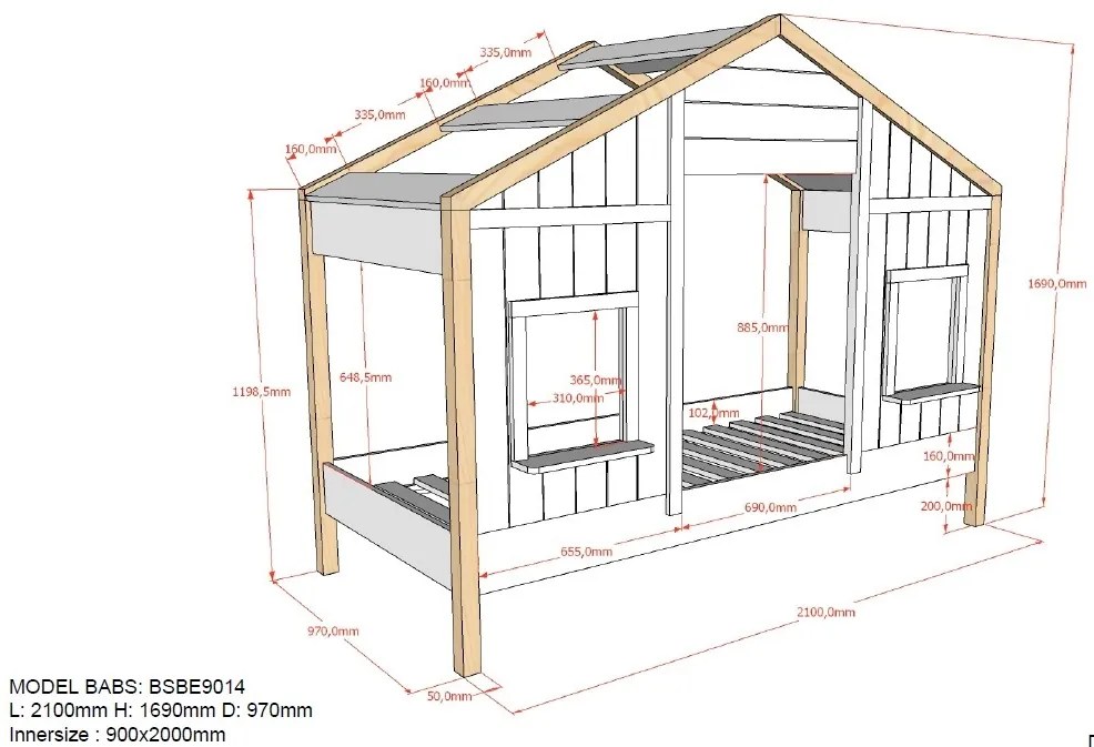 Pat Căsuță pentru Copii, 90x200 cm, Alb/Natural (Pin Masiv și MDF) – Babs – Vipack