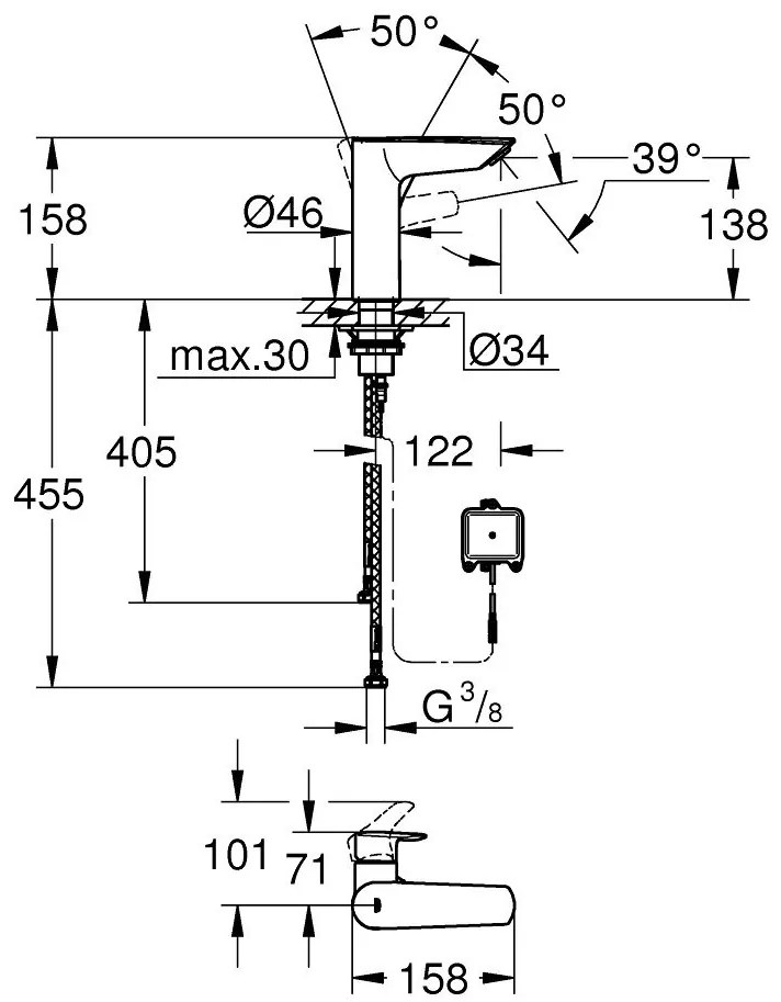 Grohe Eurosmart Baterie lavoar monocomanda cu infrarosu, baterie 6V fara mixare apa, senzor bidirectional, negru mat