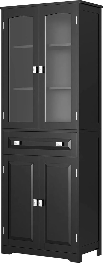 HOMCOM Bufet înalt dulap de bucătărie 4 uși dintre care 2 uși vitrate și 1 sertar înălțime 160 cm cu polițe din lemn negru | Aosom Romania