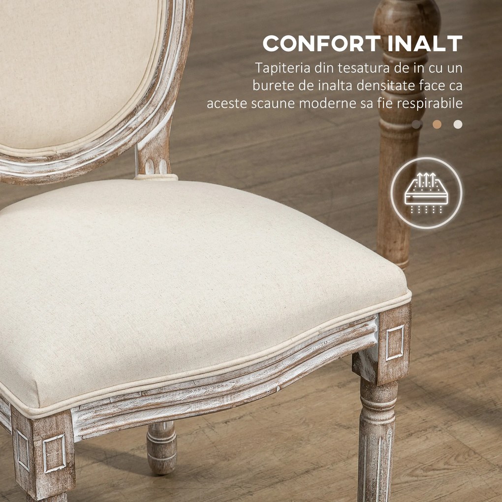 HOMCOM Set de 2 Scaune Vintage Fără Brațe, Scaune în Stil Franțuzesc cu Spătar Curbat și Tapițerie din In, 51x55x96 cm, Alb Crem | Aosom Romania