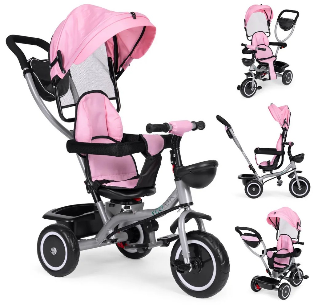 Triciclu triciclu cu scaun pivotant și parasolar pliabil 2in1 roz