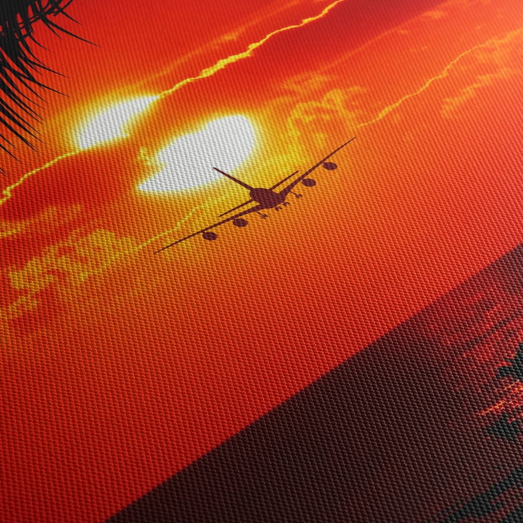 Tablou - apus de soare cu avion (cu ceas) (90x30 cm)