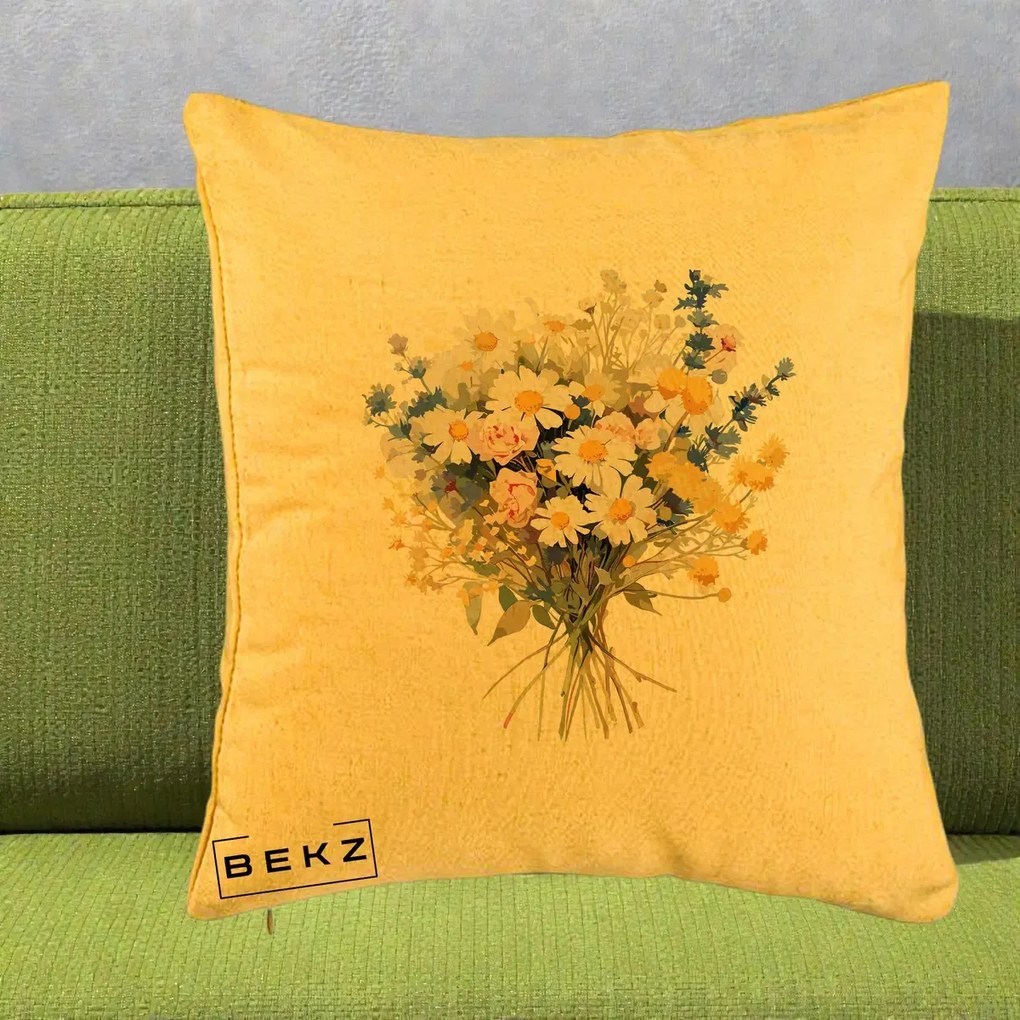 Perna Decorativa Buchet Camp Acuarela Margarete-Lavanda, 40x40 cm, Galben, Husa Detasabila, Perna Inclusa, BEKZ®