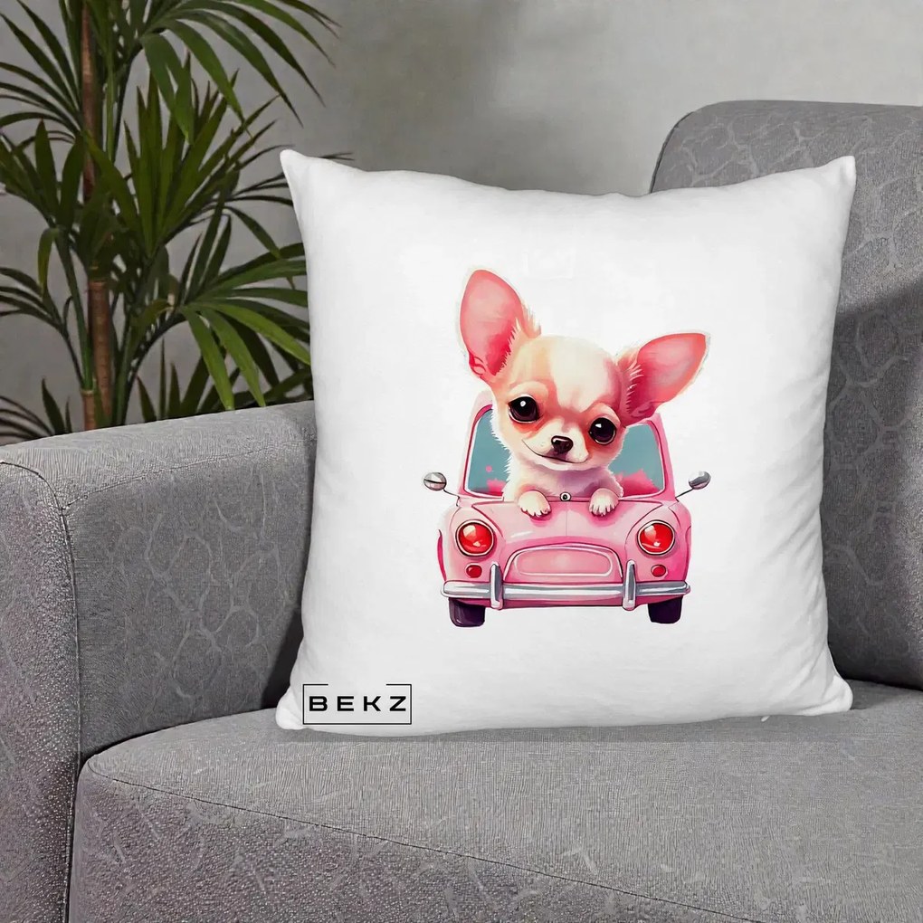 Perna Decorativa Chihuahua Roz in Masinuta, 40x40 cm, Alb Pufos, Husa Detasabila, Perna Inclusa, BEKZ®
