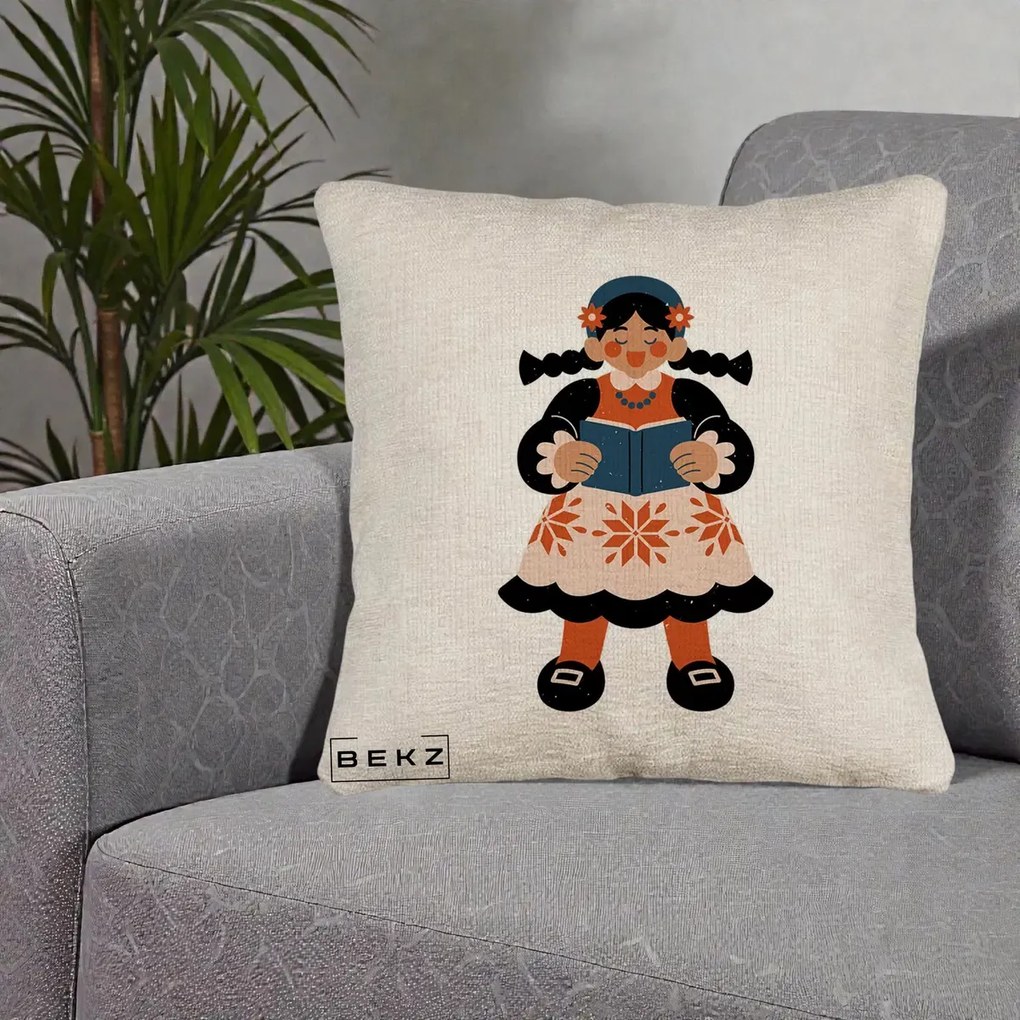 Perna Personalizata Fetita cu Carte Ilustratie Folk, 40x40 cm, Bej Canapea, Husa Detasabila, Perna Inclusa, BEKZ®