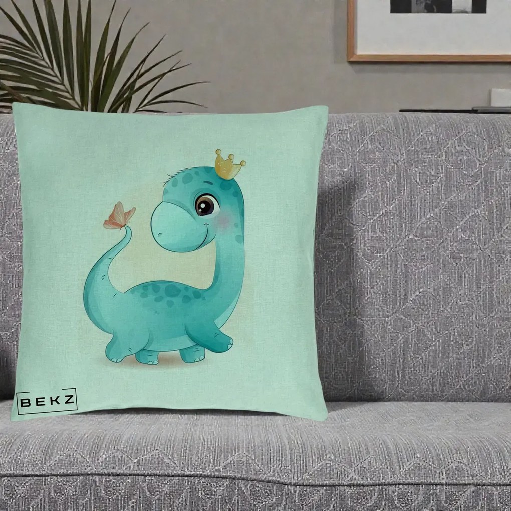 Perna Personalizata Dinozaur Bland Coroana Kawaii, 40x40 cm, Verde Menta, Husa Detasabila, Perna Inclusa, BEKZ®