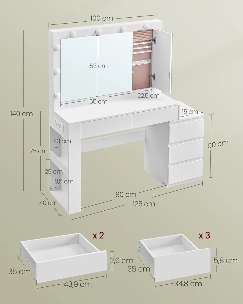 SEA803 - Set Masa toaleta 125 cm, cu dulapior Bijuterii, Priza si USB, cosmetica, machiaj, oglinda cu LED, masuta vanity - Alb