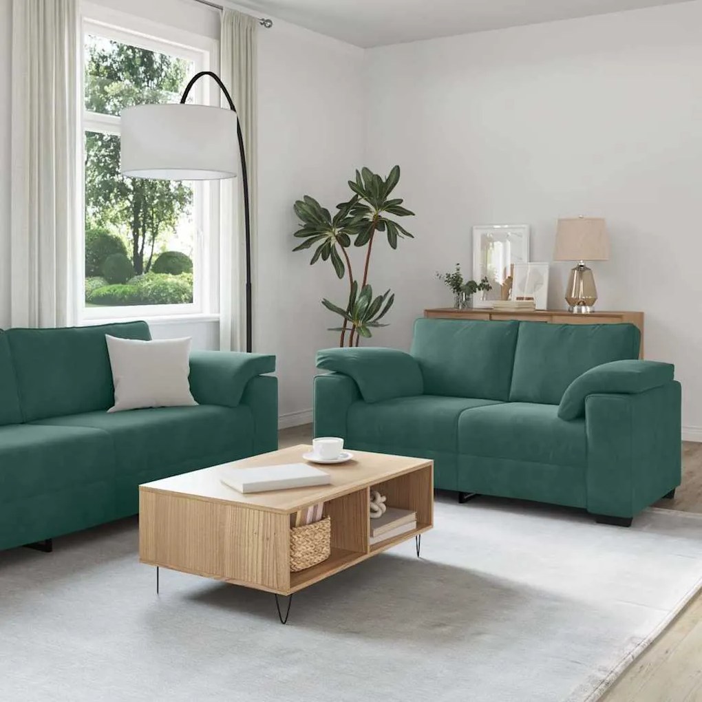 vidaXL Set de canapele cu perne, 3 piese, verde închis, catifea