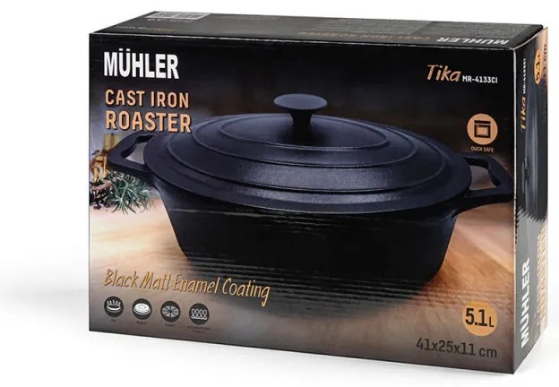 Cratita din fonta cu capac Muhler Tika MR-4133CI, 41x25x11cm, 5.1 L, Inductie, Negru