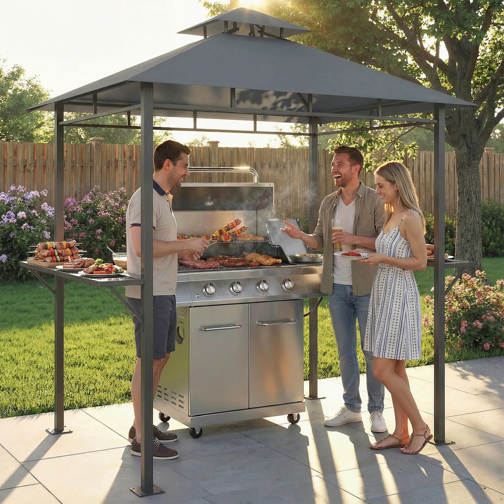 Outsunny Pavilion pentru grătar 2,4 x 1,4 m, Copertină pentru grătar rezistentă la vânt cu acoperiș dublu și orificiu de ventilare, rafturi laterale | Aosom Romania