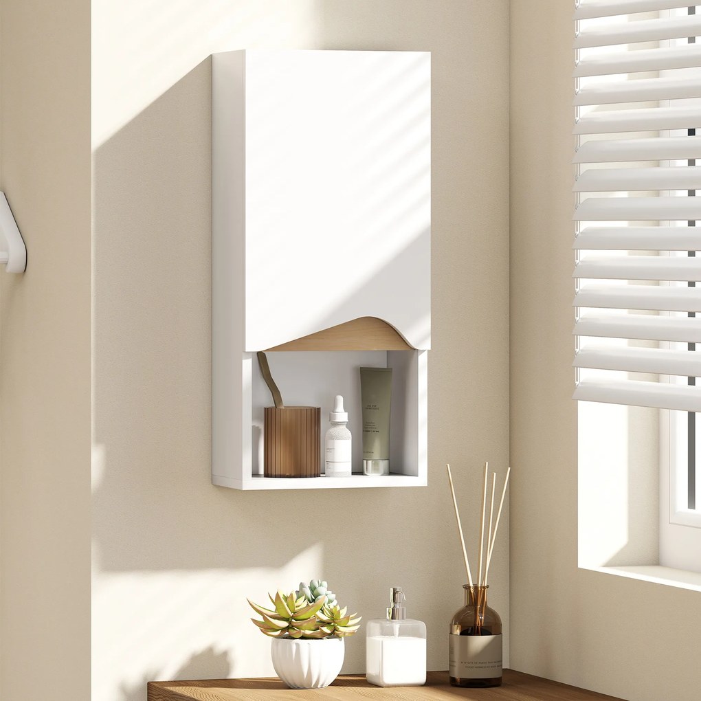 HOMCOM Dulap Suspendat pentru Baie cu Raft Deschis și Dulăpior Soft Close, Dulap cu Poliță Reglabilă, Spațiu de Depozitare Pe Perete, 30x17x67 cm, Alb și Lemn Natural | Aosom Romania