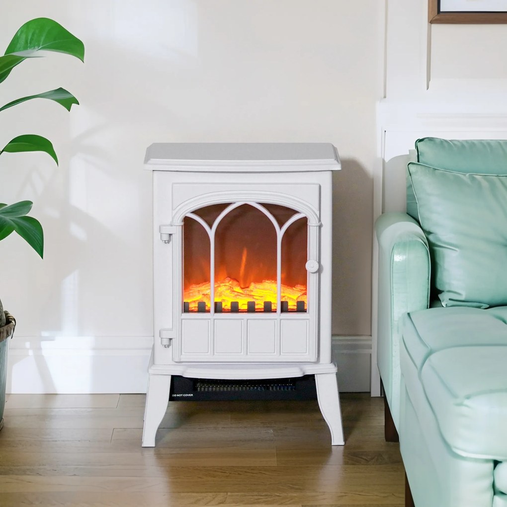 HOMCOM Șemineu Electric de Podea 1000W/2000W Efect de Flacără Luminositate Reglabilă Alb | Aosom Romania