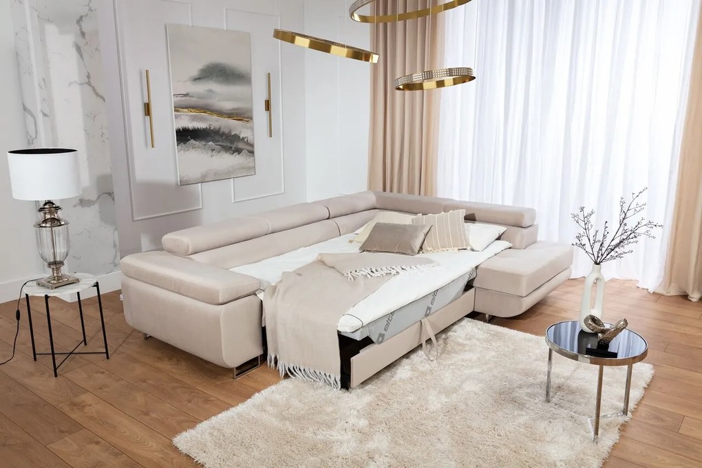 Coltar extensibil dreapta 4 locuri, ELTAP, Anton, 272x203x85 cm, lemn/poliester, bej deschis