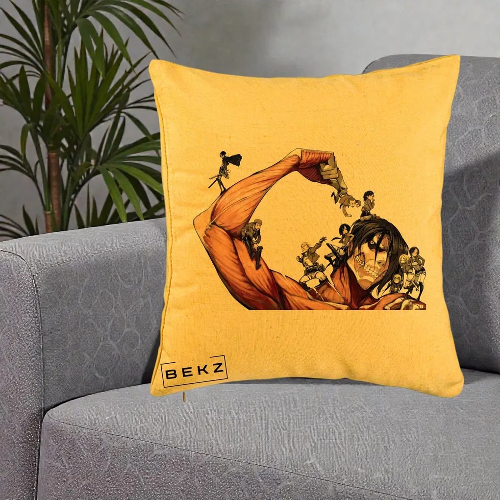 Perna Personalizata Attack on Titan Eren Titan Grup, 40x40 cm, Galben, Husa Detasabila, Perna Inclusa, BEKZ®