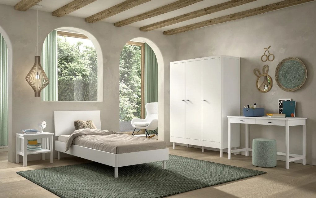 Set Complet Mobilier Camera Copii Forrest Beech, Pat 90x200 cm, Dulap, Noptieră și Birou, din Lemn de Fag Lăcuit Alb – Vipack