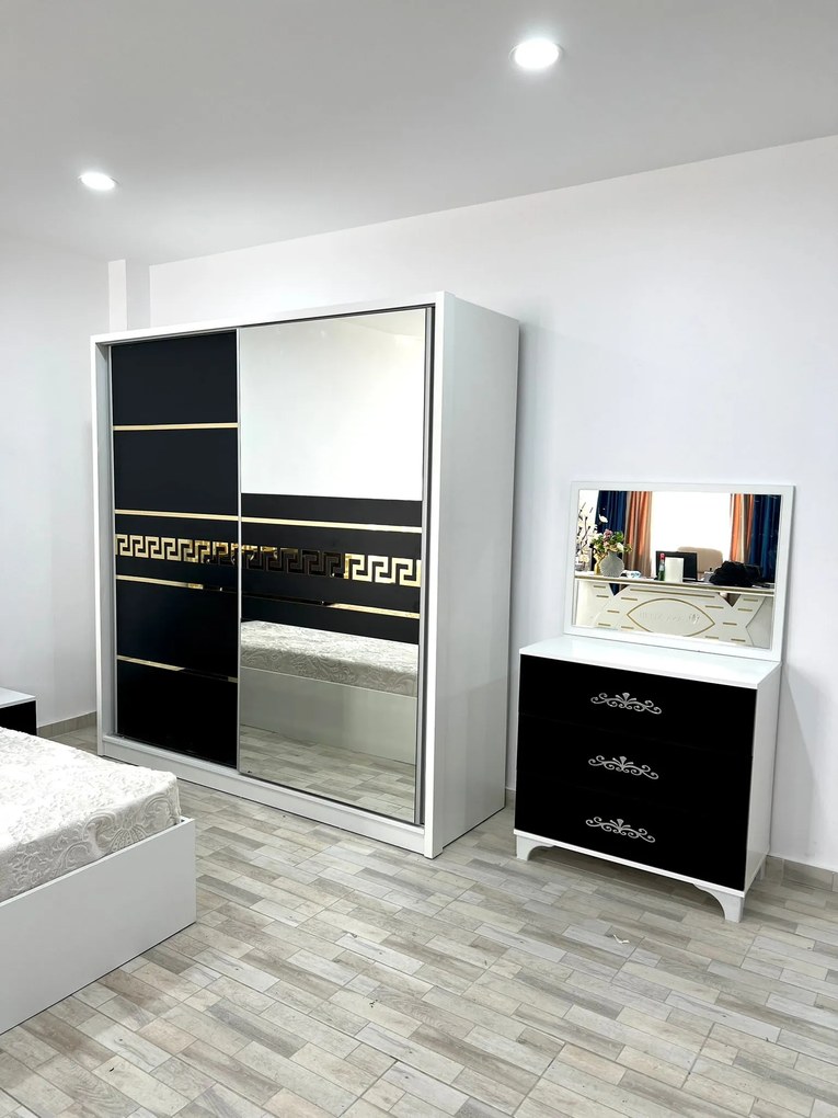Dormitor Palermo, culoare alb / negru, cu pat tapitat 160 x 200 cm, dulap cu 2 usi, comoda cu oglinda, 2 noptiere