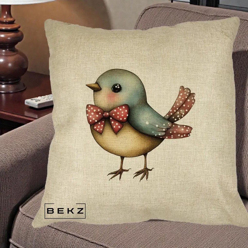 Perna Decorativa Pasare Bleu cu Fundita Rosie, 40x40 cm, Crem, Husa Detasabila, Perna Inclusa, BEKZ®