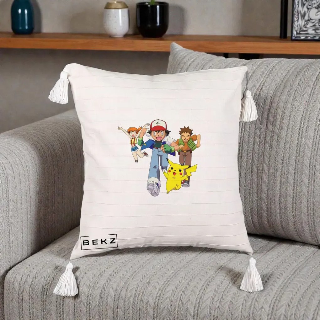 Perna personalizata Pokemon Ash Misty Brock si Pikachu, 45x45 cm cu Umplutura, Bej cu Franjuri, BEKZ
