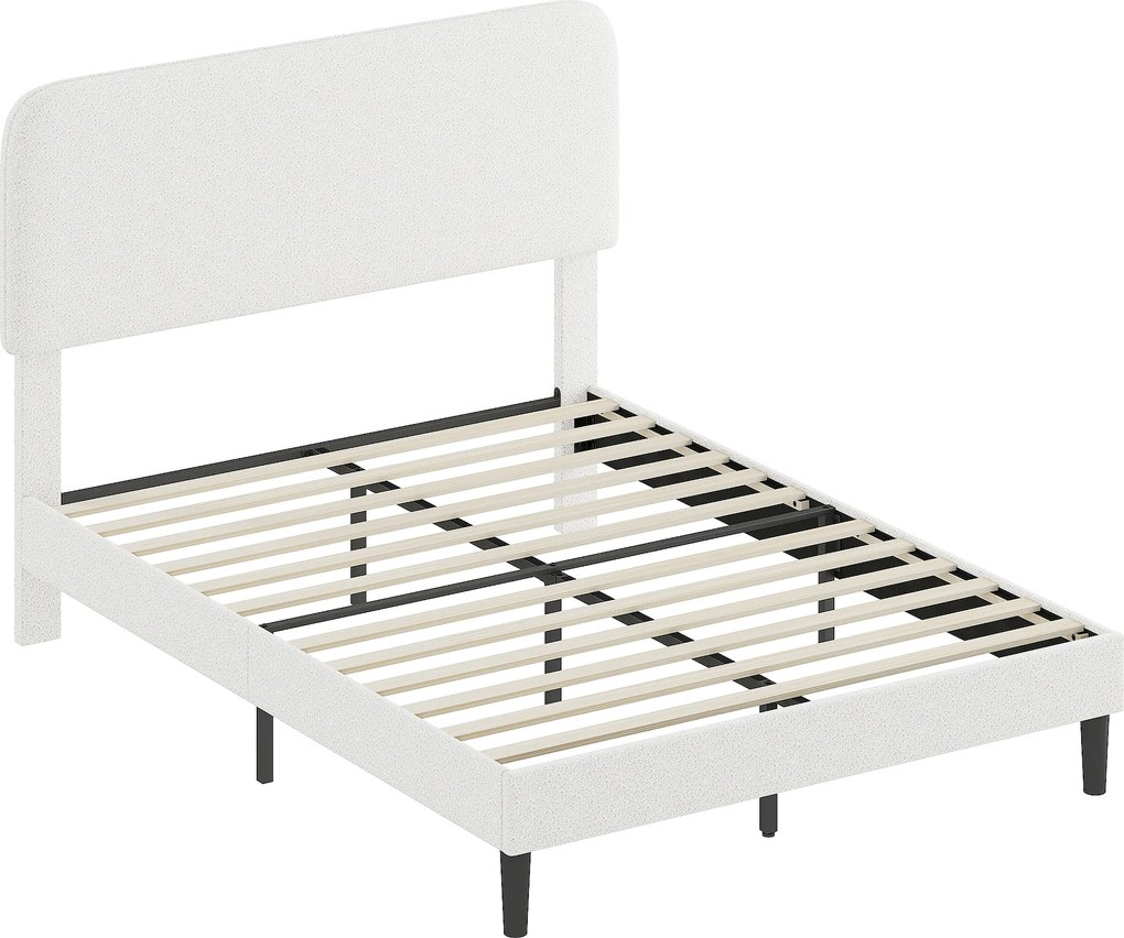 HOMCOM Cadru de pat 140x190cm cu somieră, tăblie reglabilă, pat dublu tapițat în velur Teddy, lamele metalice, alb | Aosom Romania