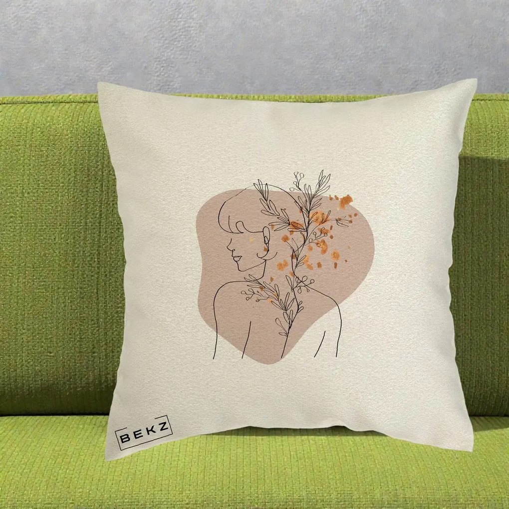 Perna Decorativa Femeie cu Flori Line Art Boho, 40x40 cm, Ecru, Husa Detasabila, Perna Inclusa, BEKZ®