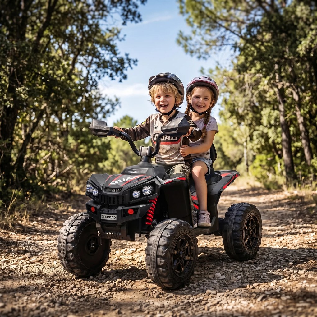 AIYAPLAY ATV electric pentru copii 24V, 2 locuri, baterie litiu, 2 motoare 120W, suspensii, muzică, faruri, negru | Aosom Romania