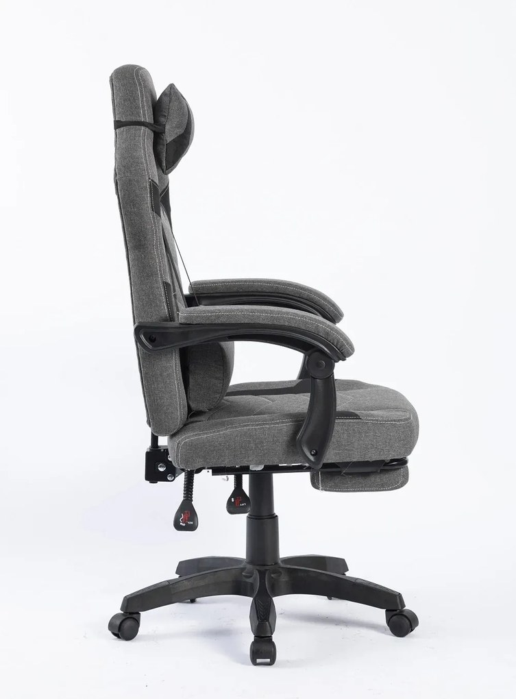 Scaun gaming, suport lombar cu masaj, rabatabil, suport picioare, material textil, Gri