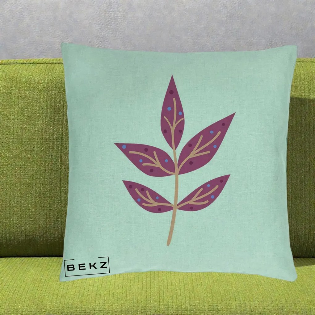 Perna Decorativa Ramura Botanica Mov, 40x40 cm, Verde Menta, Husa Detasabila, Perna Inclusa, BEKZ®