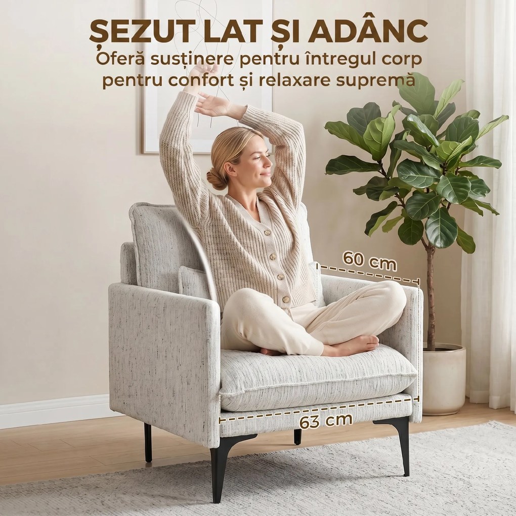 HOMCOM Fotoliu Living Tapițat din Țesătură cu Efect de In cu Brațe, Pernă Lombară și Șezut Generos, Alb | Aosom Romania