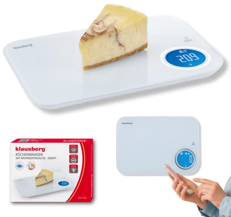 Cantar de bucatarie Klausberg KB 7938, 5 Kg, Bluetooth, Aplicatie mobila, LCD, Tare, 4 indicatori, Lichide, Indicatori, Alb/albastru