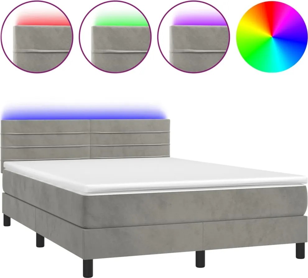 vidaXL Pat continental cu saltea și LED gri deschis 140x190 cm catifea
