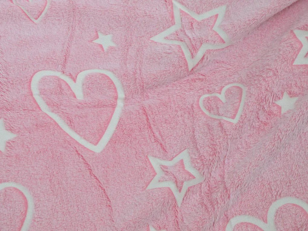 Patura fosforescenta microflanel HEARTS AND STARS 150x200 cm roz