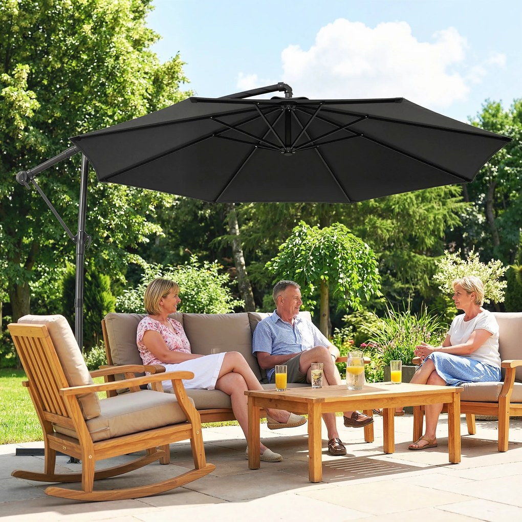 Outsunny Umbrelă de Grădină Suspendată 3 m cu Husă, Umbrelă Rotundă Inclinabilă cu Rotație 360°, Manivelă, Banana, Negru | Aosom Romania