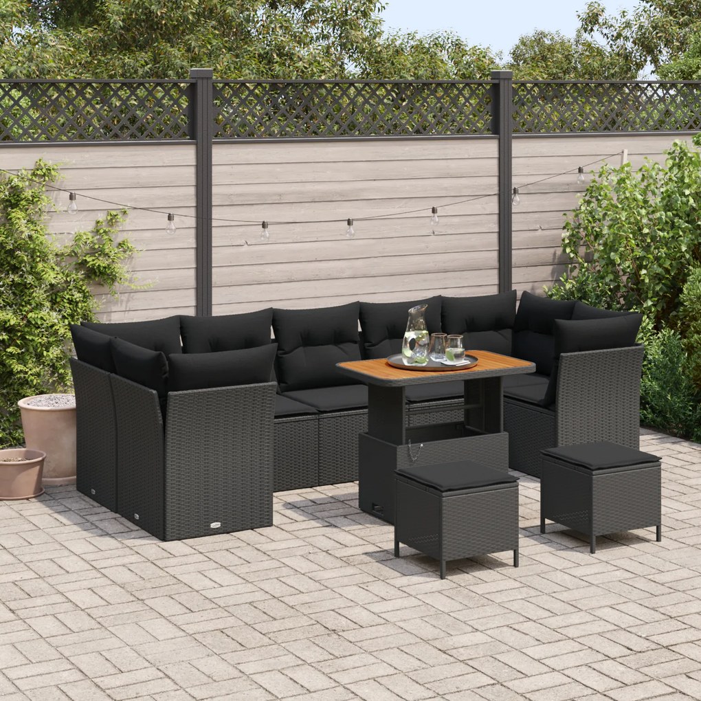 Set de sofa de grădină vidaXL cu 10 piese și perne Negru Poliratan Acacia