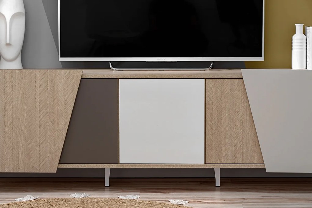 Comodă TV Miraza 180 cm geometrică - decor stejar scandi / bej / alb / maro
